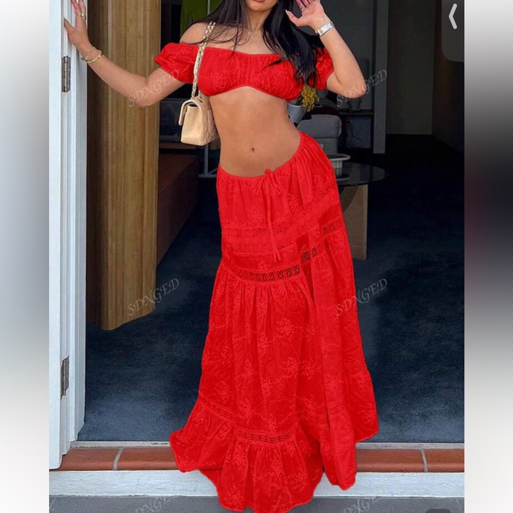 Red Two-Piece Off-Shoulder Crop Top & Maxi Skirt Set